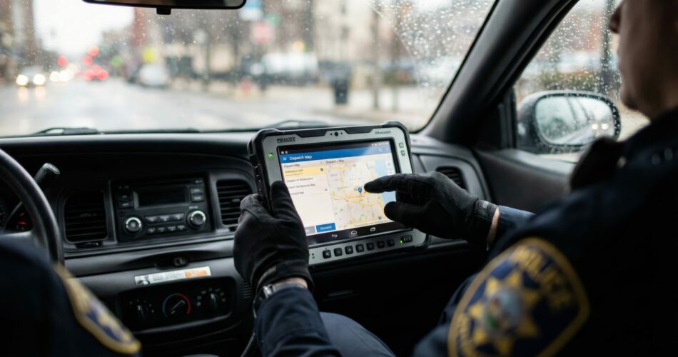 Police officer in uniform using tablet for navigation in patrol car urban city environment action shot